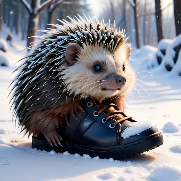 Picture of a porcupine in a shoes in the snow