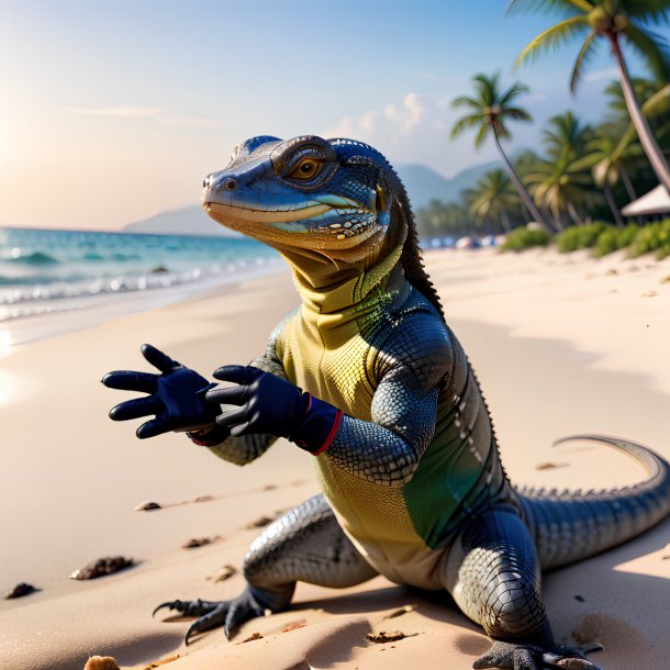 Image of a monitor lizard in a gloves on the beach
