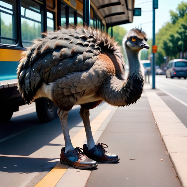 Pic of a emu in a shoes on the bus stop