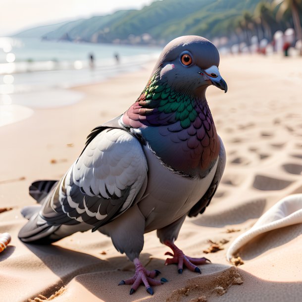 Imagem de um pombo em uma luva na praia