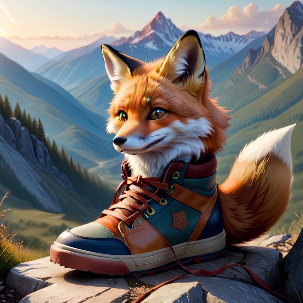 Drawing of a fox in a shoes in the mountains