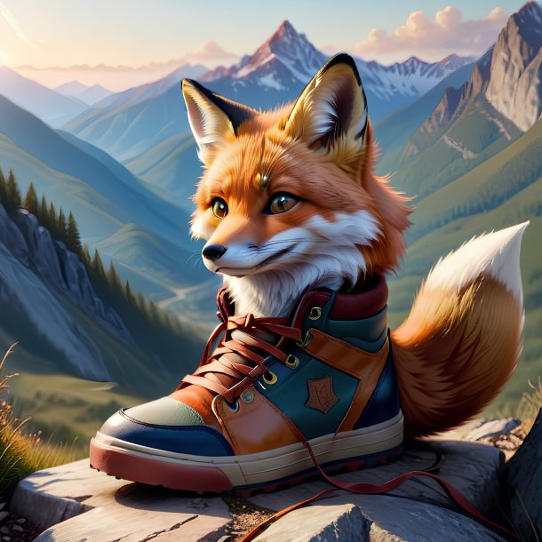 Dessin d'un renard dans une chaussure dans les montagnes