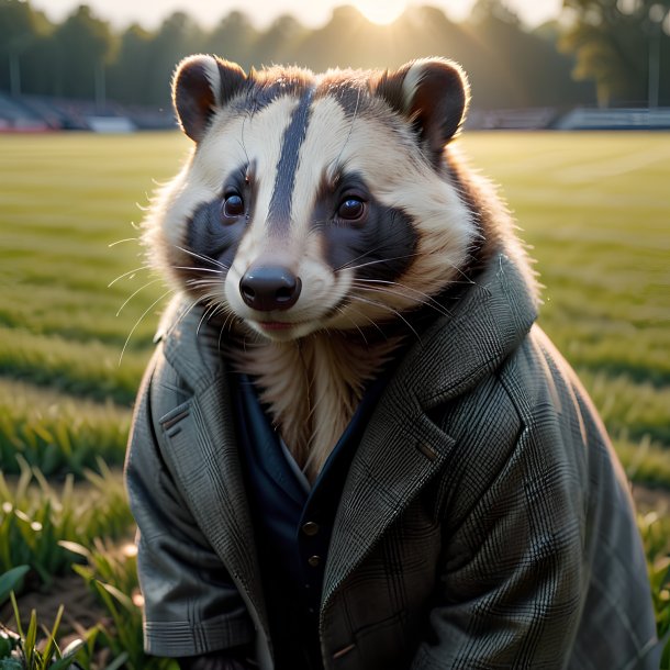 Pic of a badger in a coat on the field