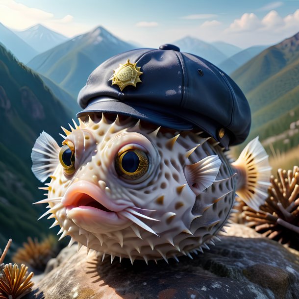 Photo of a pufferfish in a cap in the mountains