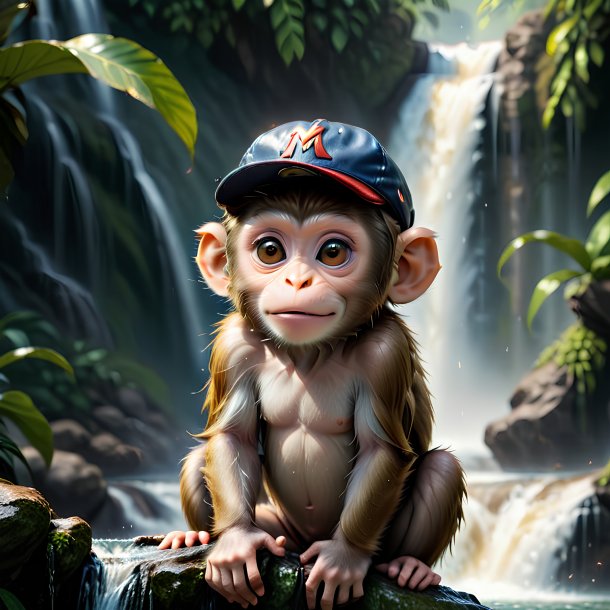 Photo of a monkey in a cap in the waterfall