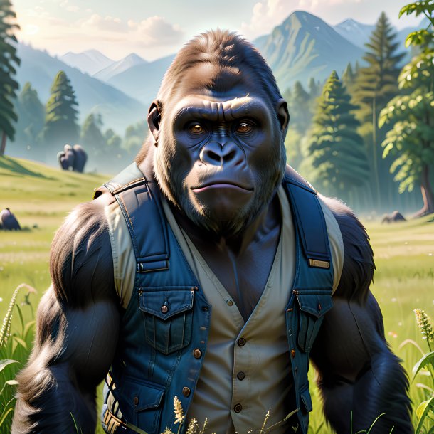 Image of a gorilla in a vest in the meadow