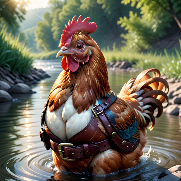 Ilustración de una gallina en un cinturón en el río