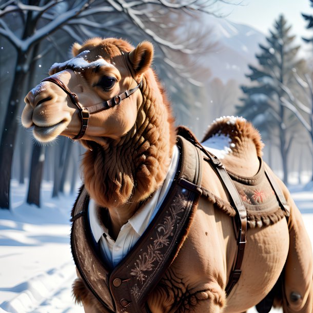 Photo of a camel in a vest in the snow