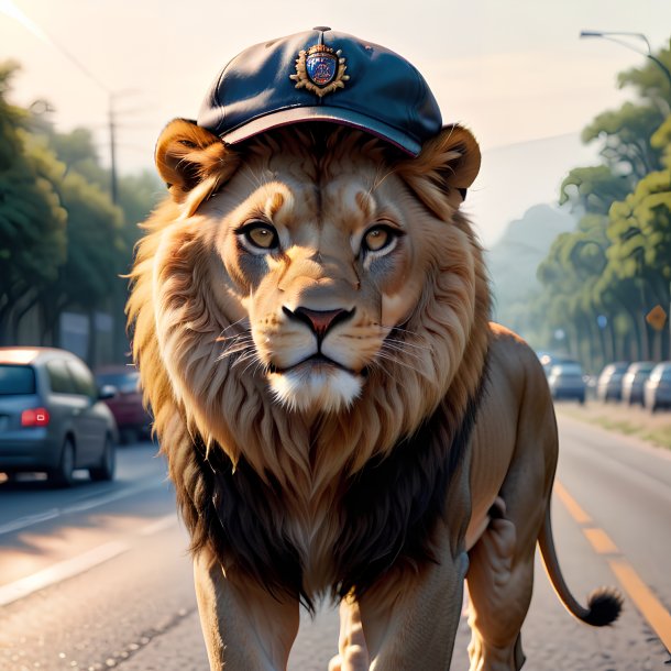 Pic of a lion in a cap on the road
