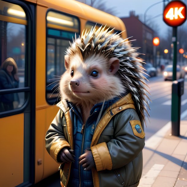 Picture of a porcupine in a jacket on the bus stop