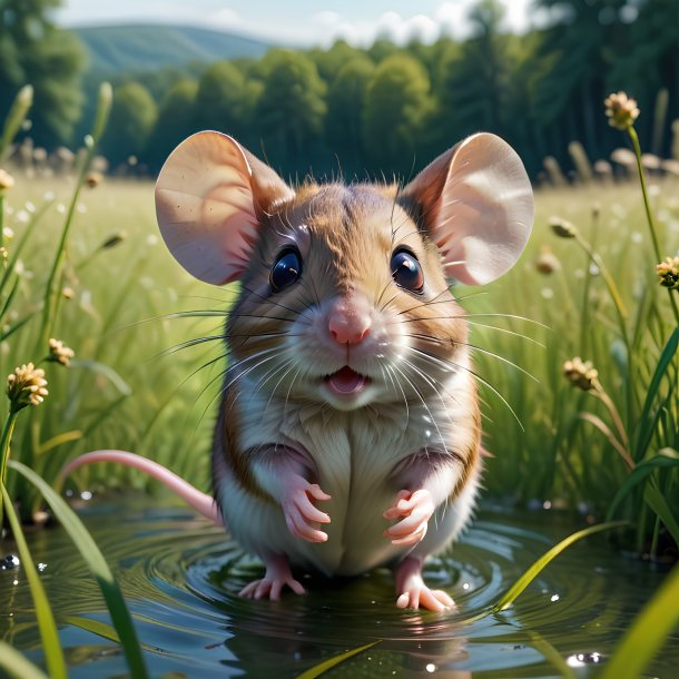 Photo d'une baignade d'une souris dans la prairie