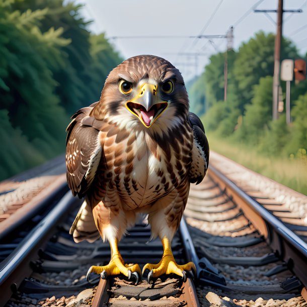 Image of a smiling of a hawk on the railway tracks