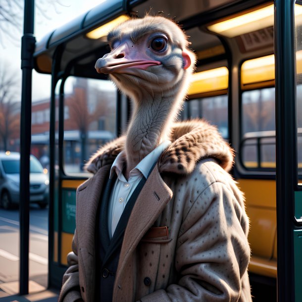 Photo of a ostrich in a coat on the bus stop
