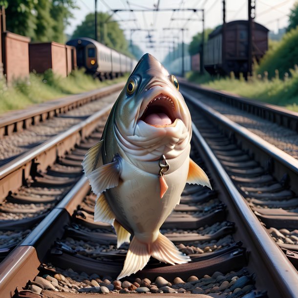 Photo of a haddock in a shoes on the railway tracks