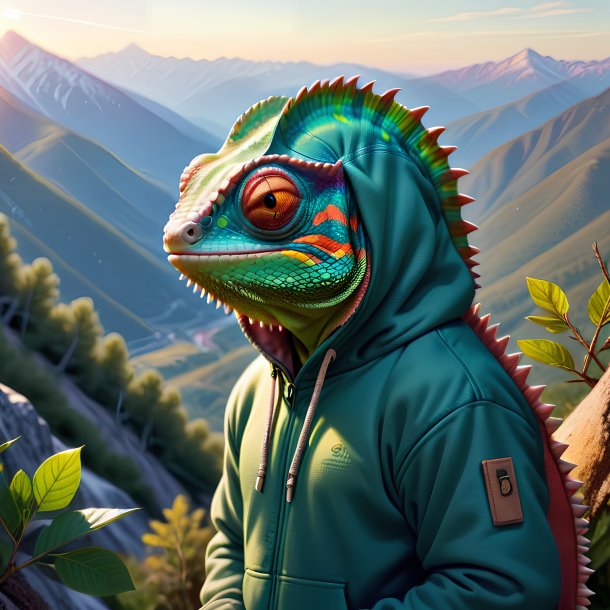 Drawing of a chameleon in a hoodie in the mountains