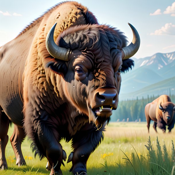 Picture of a threatening of a bison in the meadow