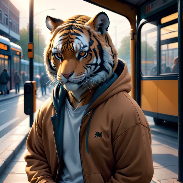 Foto de um tigre em um hoodie no ponto de ônibus