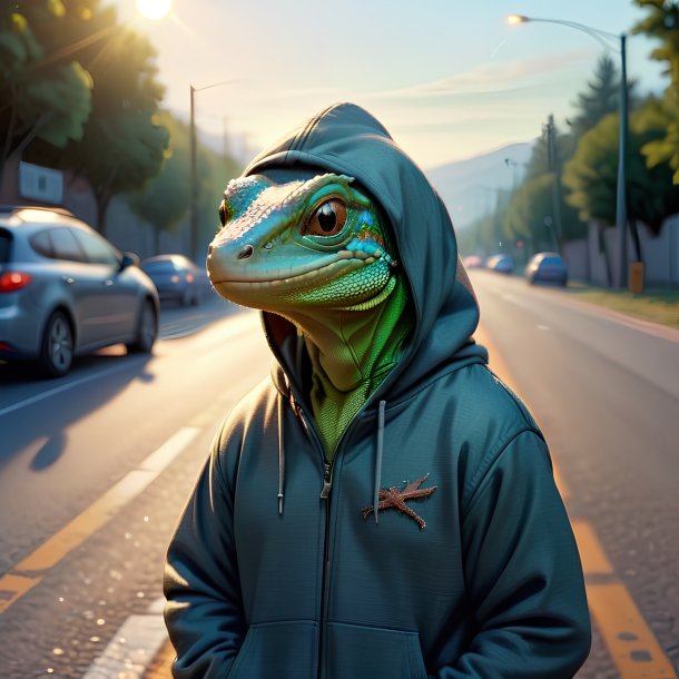 Drawing of a lizard in a hoodie on the road