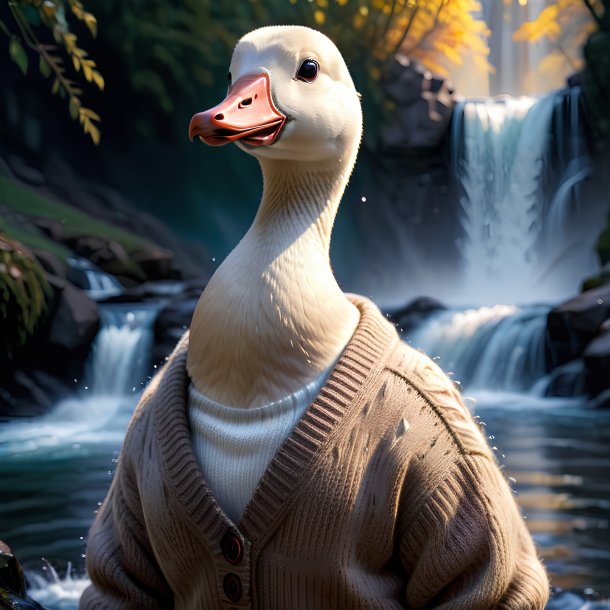 Pic of a goose in a sweater in the waterfall