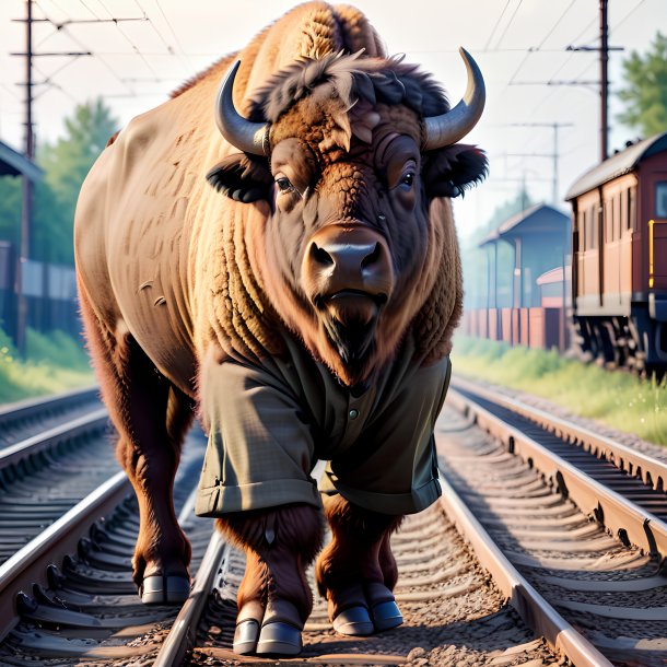 Pic of a bison in a trousers on the railway tracks
