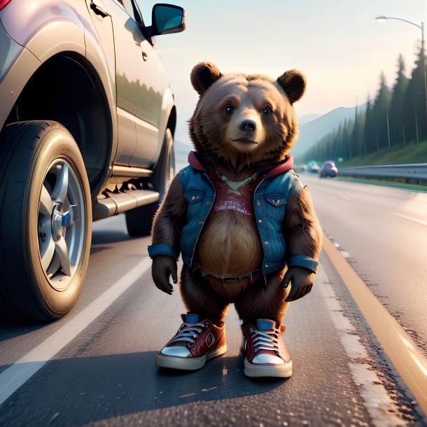 Imagem de um urso em um sapatos na estrada