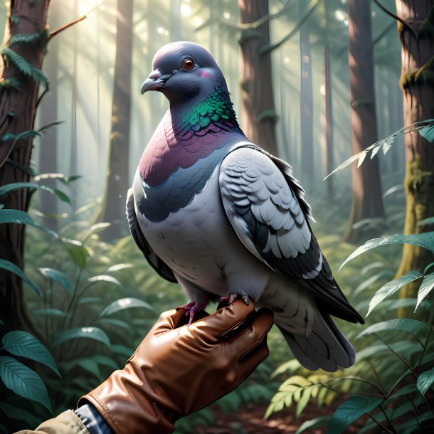 Drawing of a pigeon in a gloves in the forest