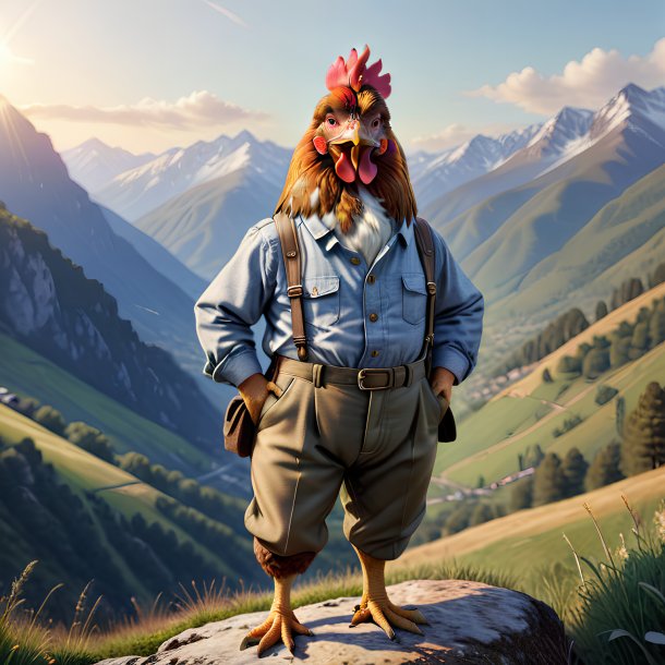 Illustration of a hen in a trousers in the mountains