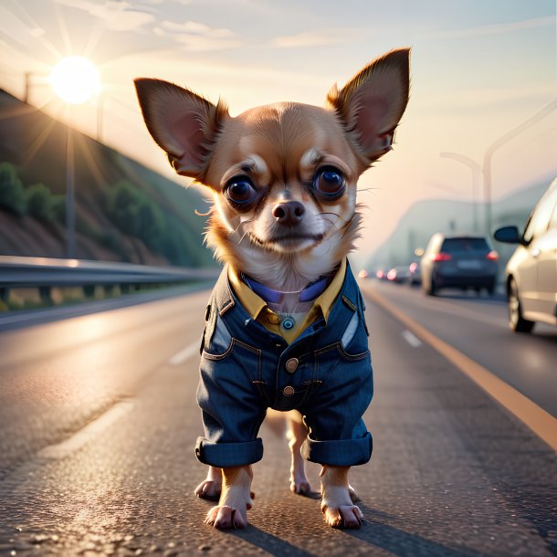 Foto de un chihuahua en un pantalón en la carretera