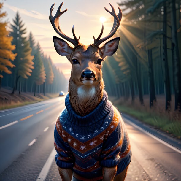 Image d'un cerf dans un pull sur la route