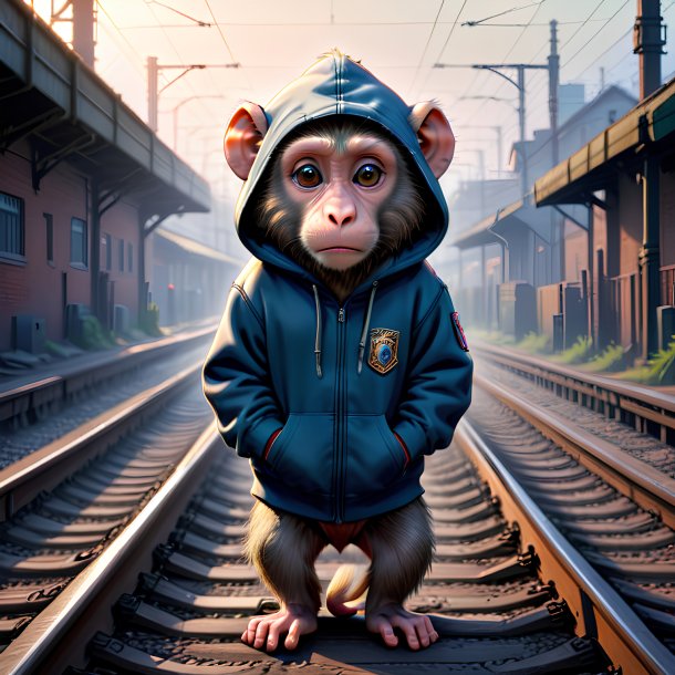 Illustration of a baboon in a hoodie on the railway tracks