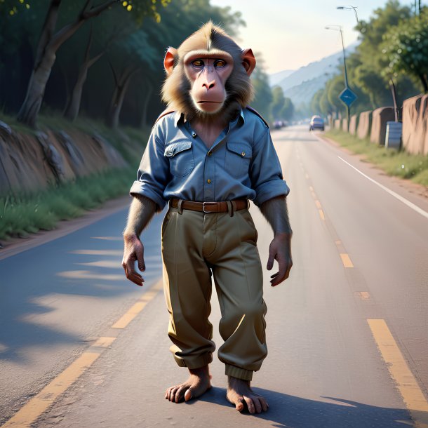 Drawing of a baboon in a trousers on the road