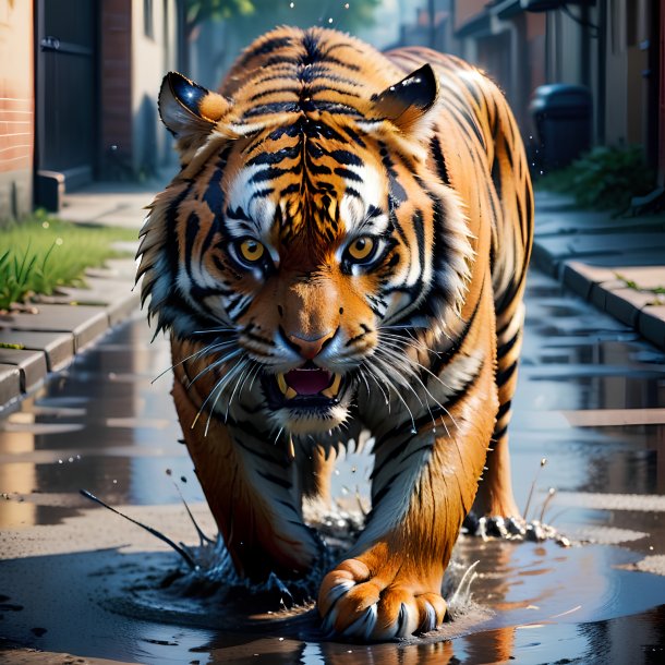 Photo of a angry of a tiger in the puddle