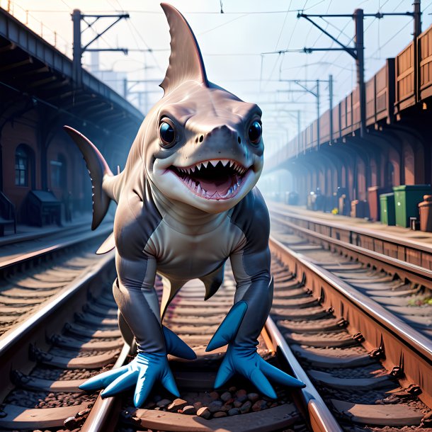 Illustration of a hammerhead shark in a gloves on the railway tracks