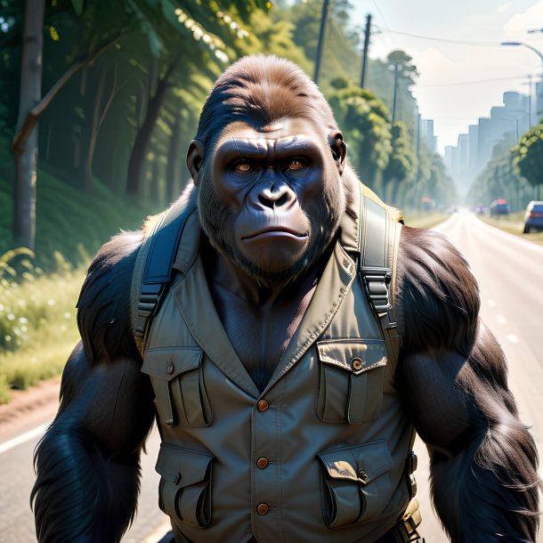 Image of a gorilla in a vest on the road