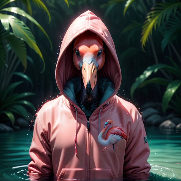 Picture of a flamingo in a hoodie in the water