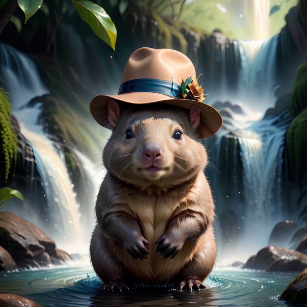 Illustration of a wombat in a hat in the waterfall