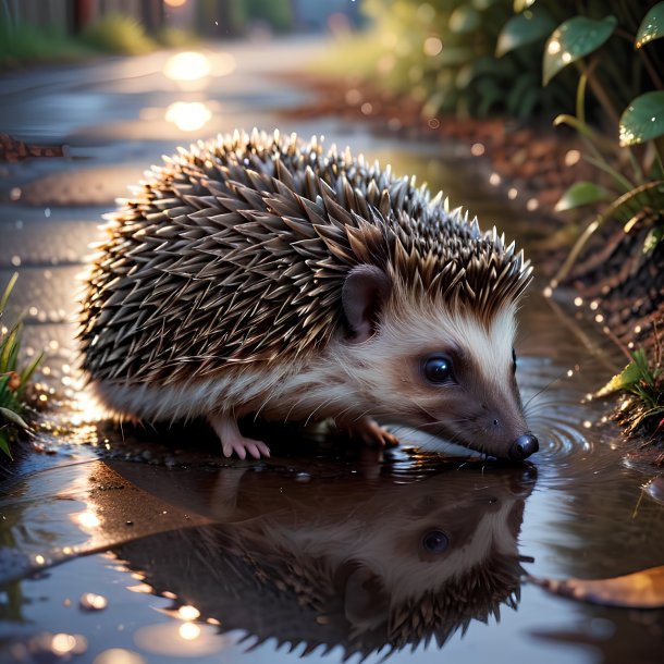 Image of a drinking of a hedgehog in the puddle