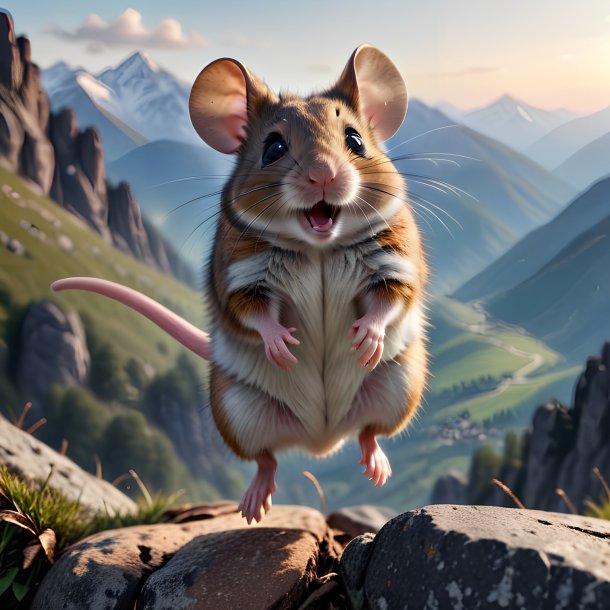 Photo of a jumping of a mouse in the mountains