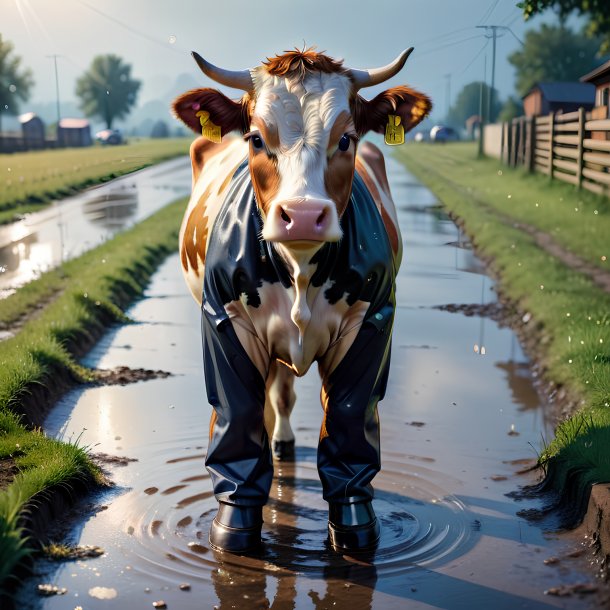 Picture of a cow in a trousers in the puddle