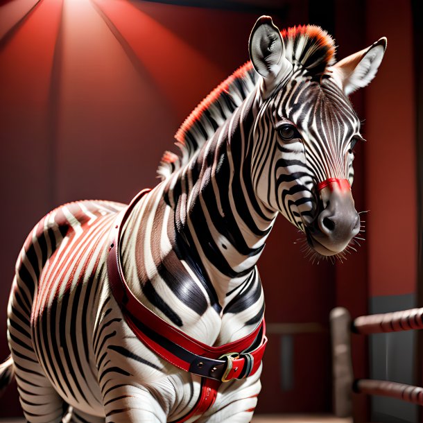 Photo of a zebra in a red belt