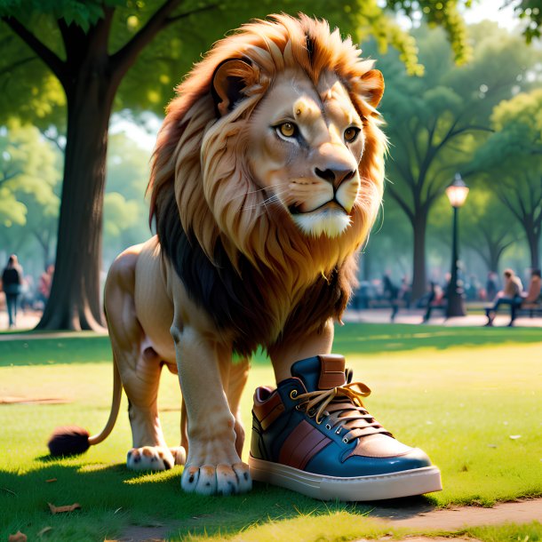 Photo d'un lion dans une chaussure dans le parc