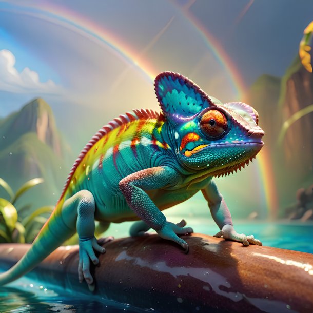 Picture of a swimming of a chameleon on the rainbow