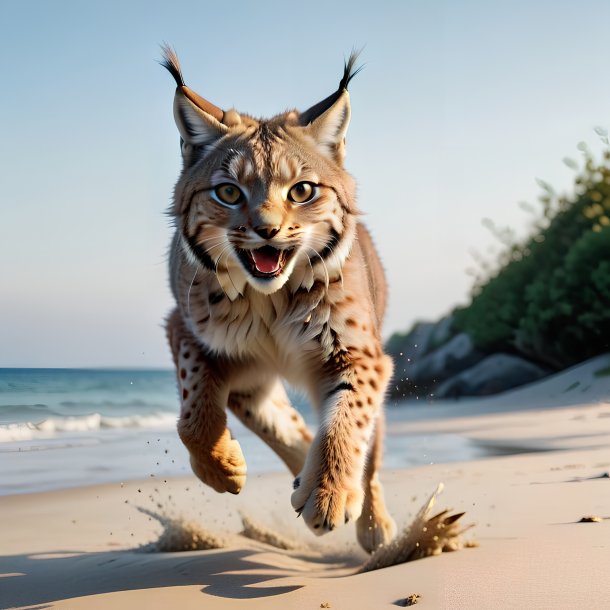 Photo of a jumping of a lynx on the beach