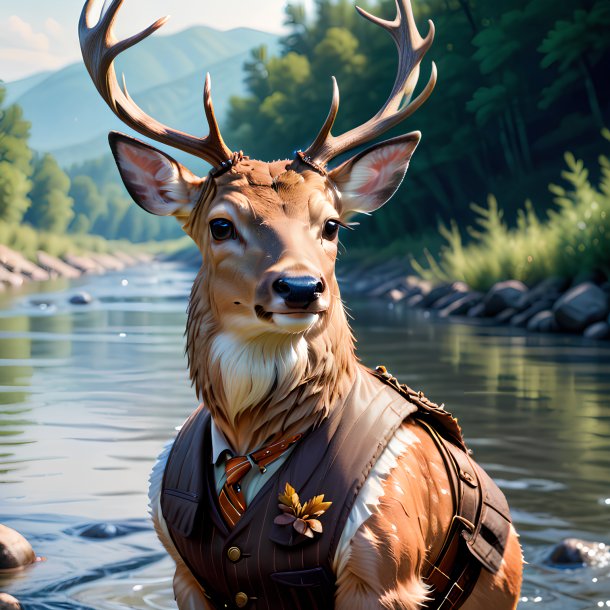 Image of a deer in a vest in the river