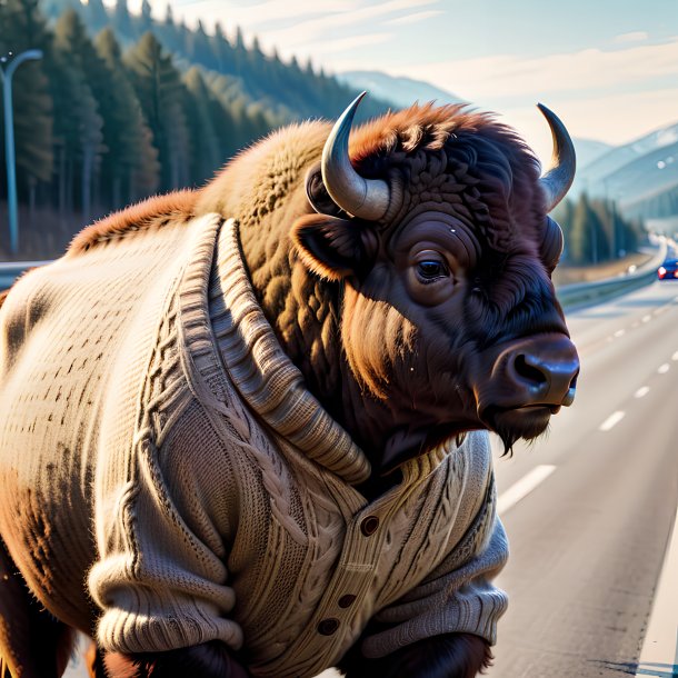 Imagen de un bisonte en un suéter en la carretera