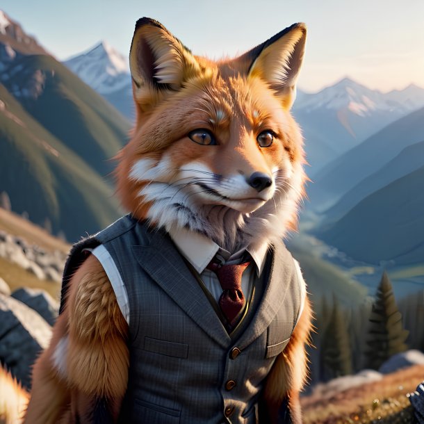 Pic of a fox in a vest in the mountains
