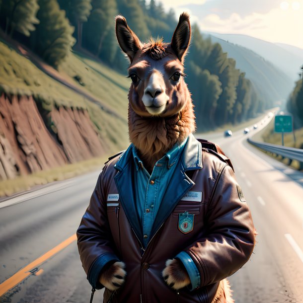 Image of a llama in a jacket on the highway