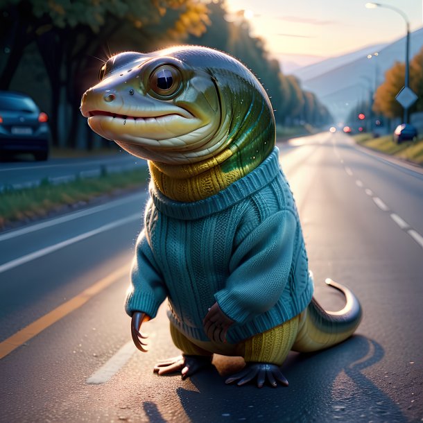 Picture of a eel in a sweater on the road