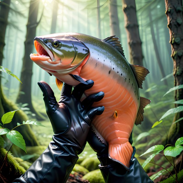 Image of a salmon in a gloves in the forest