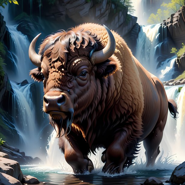 Drawing of a bison in a gloves in the waterfall